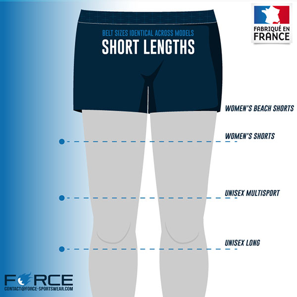 illustratie van verschillende lengtes van Force sportswear shorts