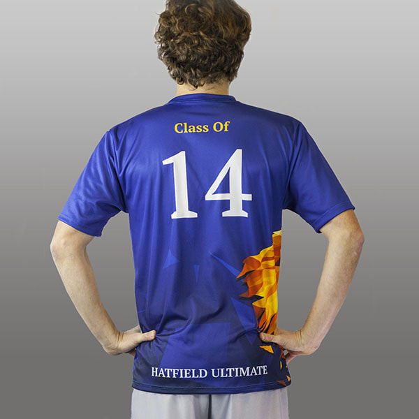 back of man wearing a blue sublimated jersey #14