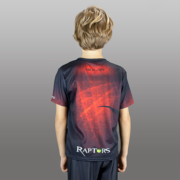 back of kid wearing a red sublimated jersey