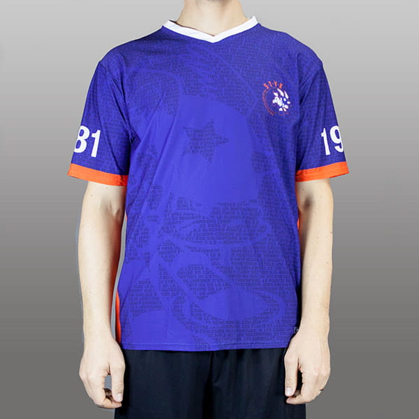 torso of man wearing a purple sublimated jersey with v collar