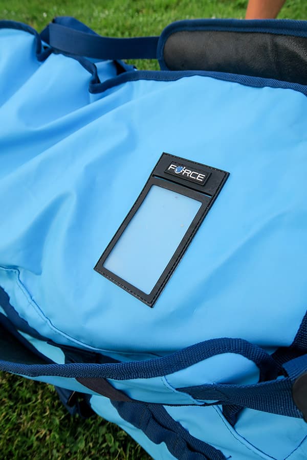 light blue waterproof bag cover with tag holder