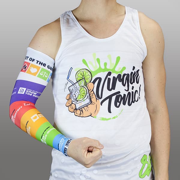 torso of man wearing a rainbow couloured compresion sleeve and a white tank top