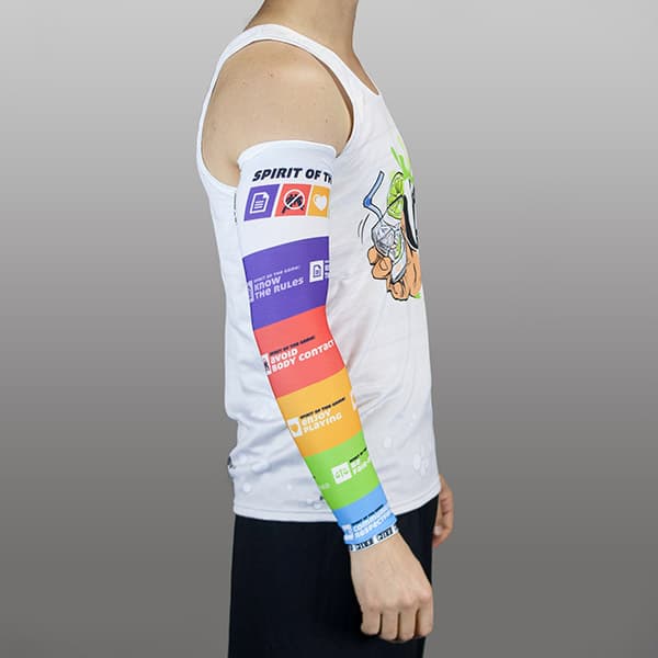 side view of torso of man wearing a rainbow couloured compresion sleeve and a white tank top