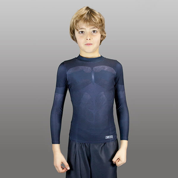blond kid wearing a black armored compression top with long sleeves