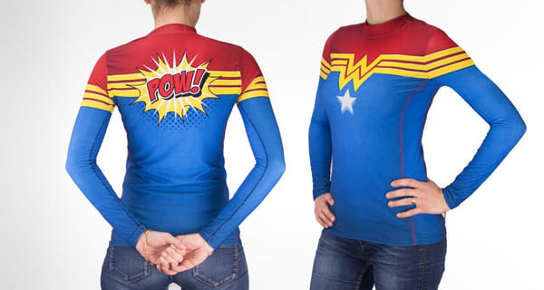 back and front of woman wearing a wonderwoman inspired compression top with long sleeves
