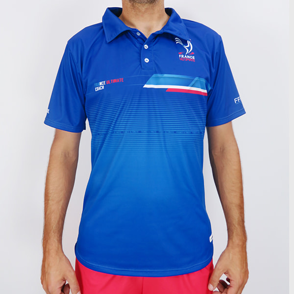 torso of man wearing a blue france ultimate polo shirt