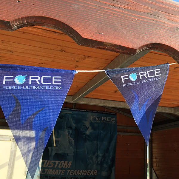 blue force garland with triangle flags on wooden background