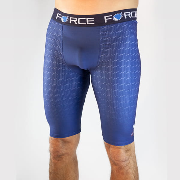 legs of man wearing blue tights with force belt