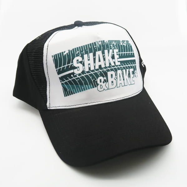 black hat with green sublimated logo