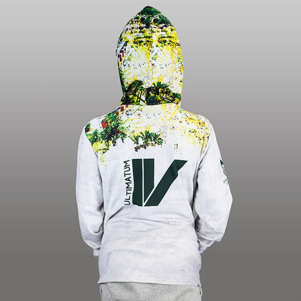 achterkant van een kind met een witte gesublimeerde hoodie met capuchon omhoog