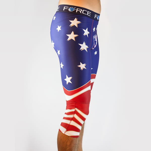 left side view of man legs wearing blue and red american tights with force belt