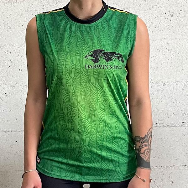 torso of a woman wearing a green fitted sleeveless sport jersey