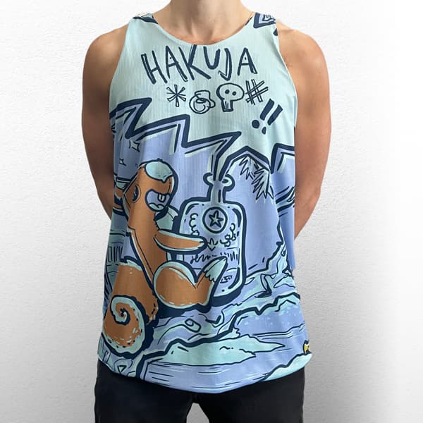 man standing wearing an orange hakuja pattern singlet