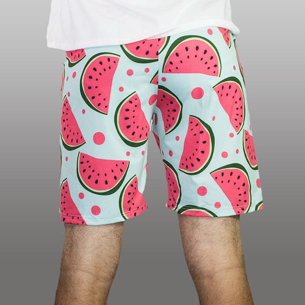 rear view of man legs wearing watermelon shorts