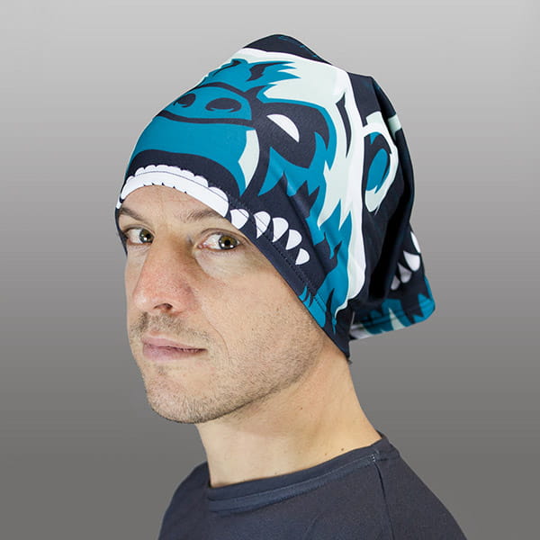 man wearing a blue bandana on his head