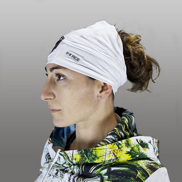 woman wearing a white bandana on her head