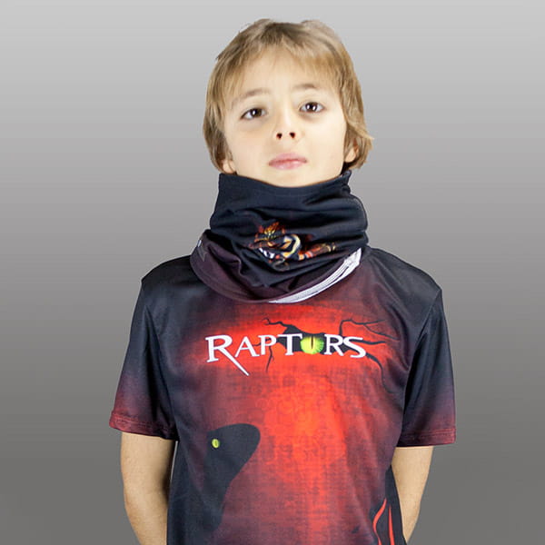 kid wearing a dark bandana around his neck